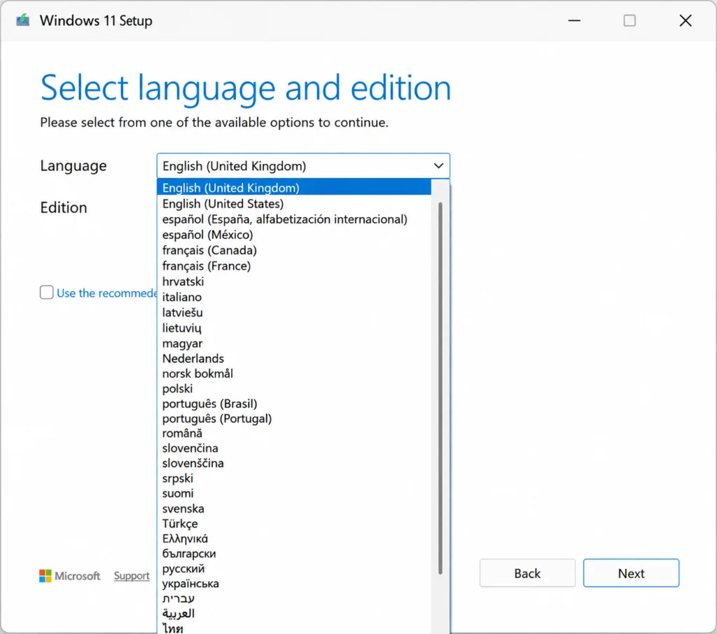 Bootable USB Using Media Creation Tool (Select Language)